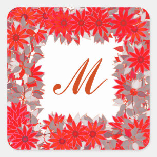 Monogram framed with flowers - red and grey square sticker