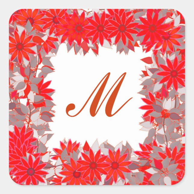 Monogram framed with flowers - red and grey square sticker (Front)