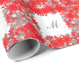 Monogram framed with flowers - red and grey wrapping paper