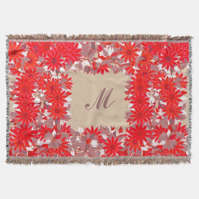 Monogram framed with flowers - red and taupe throw blanket (Front)
