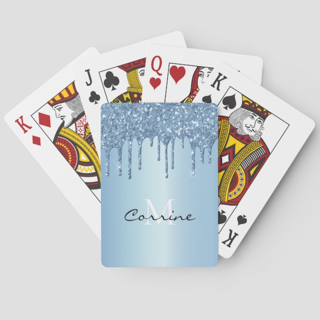 Monogram Frozen Ice Blue Metallic Dripping Glitter Playing Cards (Back)
