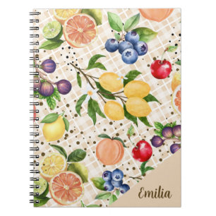 Monogram fruit pattern Pretty Brown Orange Notebook