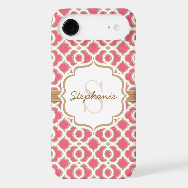 Monogram Fuchsia and Gold Quatrefoil Case-Mate iPhone Case (Back)