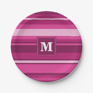 Monogram fuchsia stripes paper plate