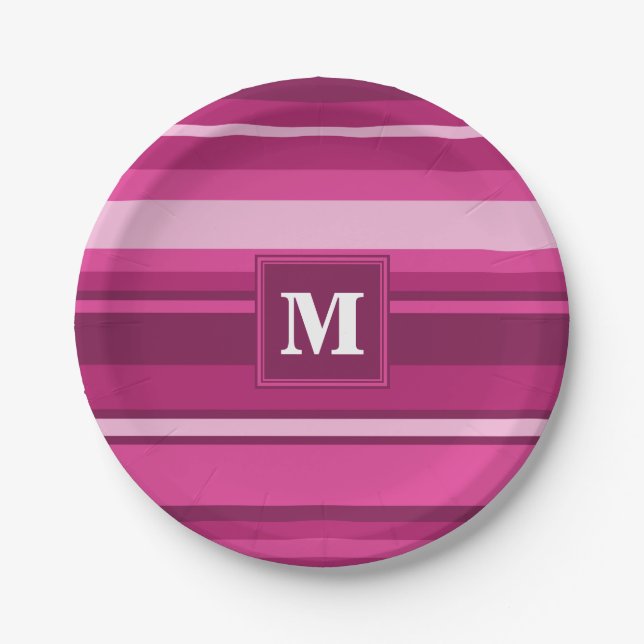 Monogram fuchsia stripes paper plate (Front)