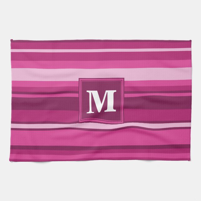 Monogram fuchsia stripes tea towel (Horizontal)
