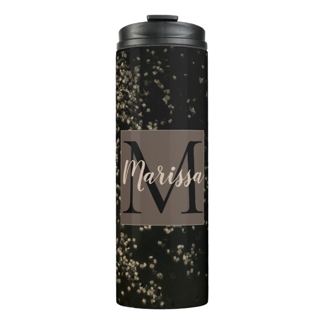 Monogram Fun Gold Confetti on Brown Thermal Tumbler (Front)