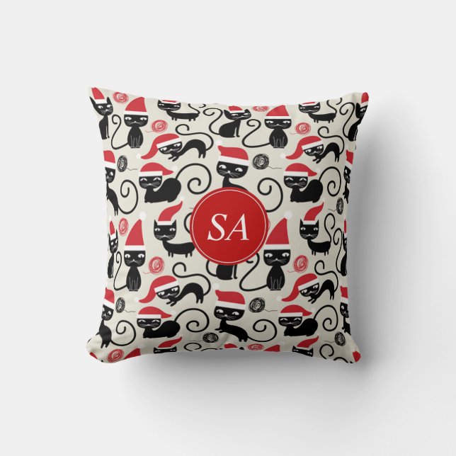 Monogram Funny Christmas kitten Wearing Santa Hat  Cushion (Front)