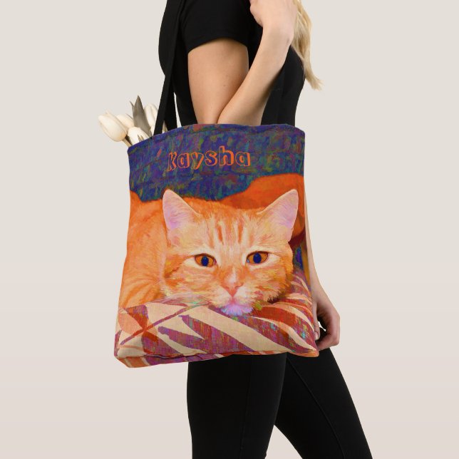 Monogram Funny Cute Bright Orange Tabby Cat Tote Bag (Close Up)
