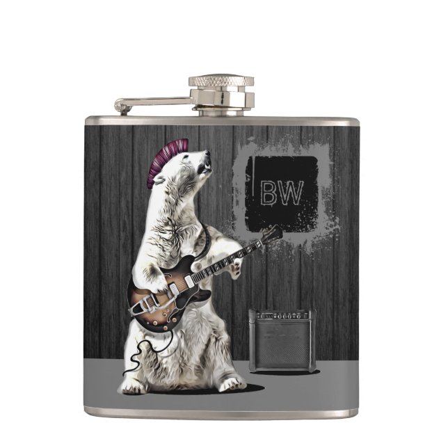 Monogram Funny Punk Rock Guitar Bear Musician Hip  Hip Flask (Front)