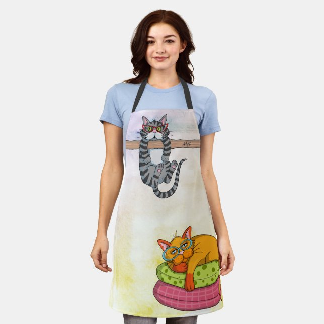 Monogram Funny Whimsical Cats Trendy Modern Apron (Worn)