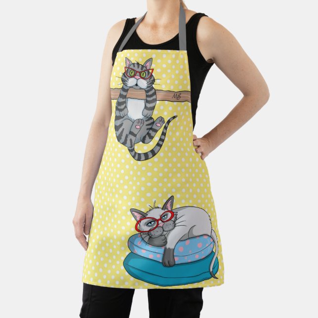 Monogram Funny Whimsical Cats Trendy Modern Apron (Insitu)