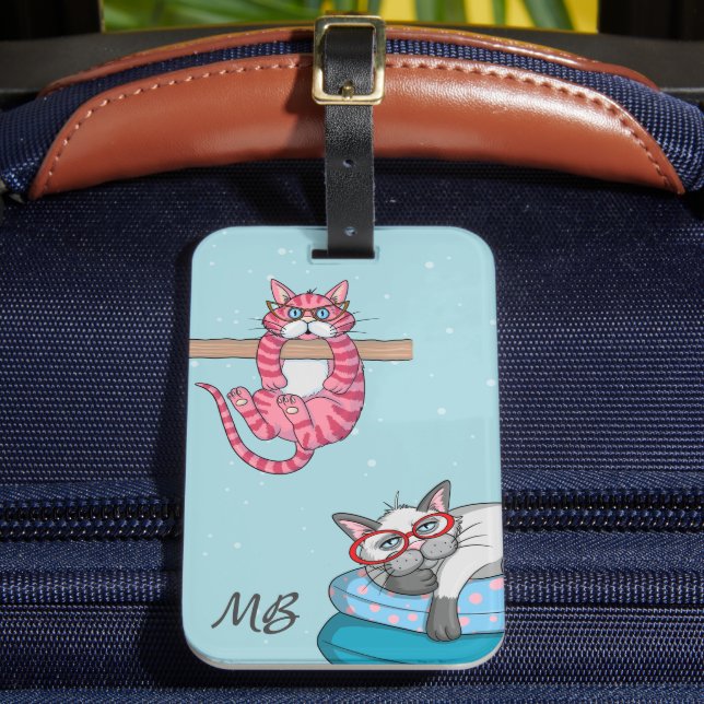Monogram Funny Whimsical Cats Trendy Modern Luggage Tag (Front Insitu 2)