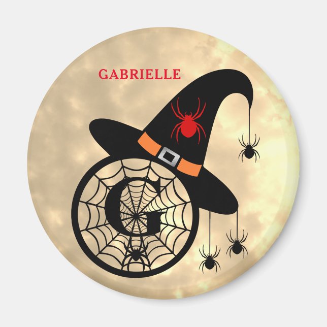 Monogram G Halloween Sky Witch Spiders Name Magnet (Front)