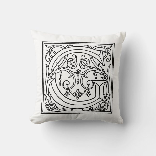 Monogram G Initial Black and White Floral Pattern Cushion (Front)