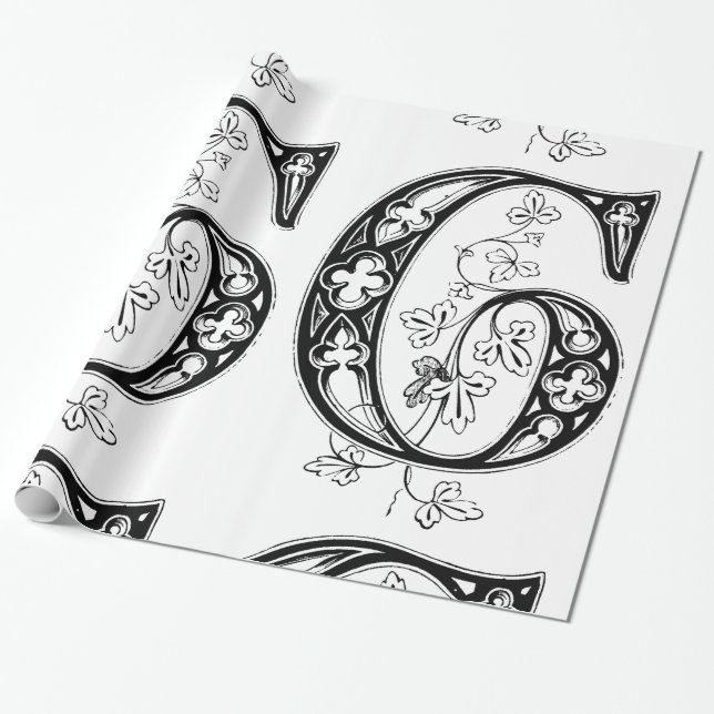 Monogram G Initial Black and White Floral Pattern Wrapping Paper (Unrolled)