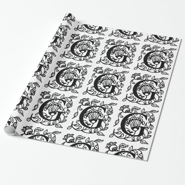 Monogram G Initial Black and White Floral Pattern Wrapping Paper (Unrolled)