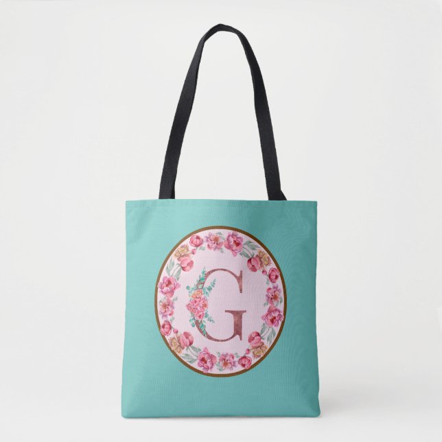 Monogram G Letter with Peony Flower Image Tote Bag (Front)