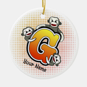 Monogram G Sock Monkey  Ceramic Tree Decoration