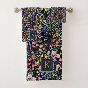 Monogram Garden Dark Background Wildflower Floral Bath Towel Set