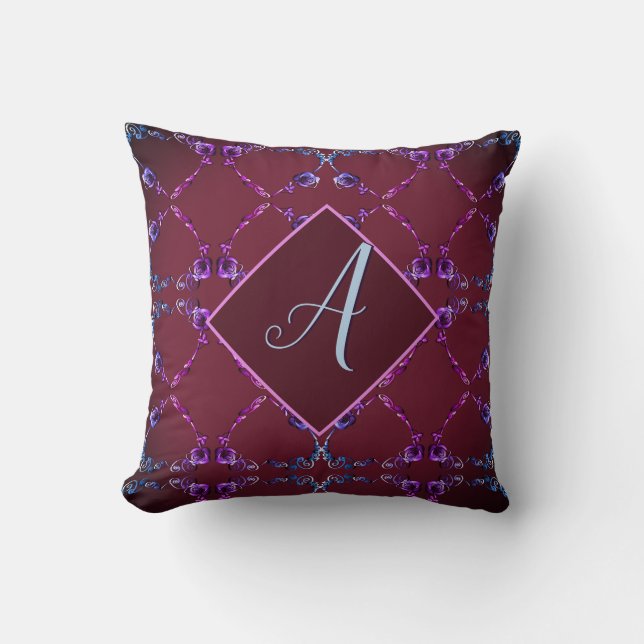 Monogram Garnet Blush Purple Rose Hearts Cushion (Front)