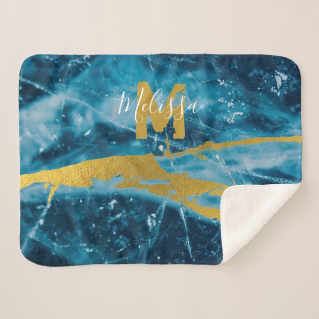 Monogram Geode Agate Gemstone Blue and Gold Sherpa Blanket (Front (Horizontal))
