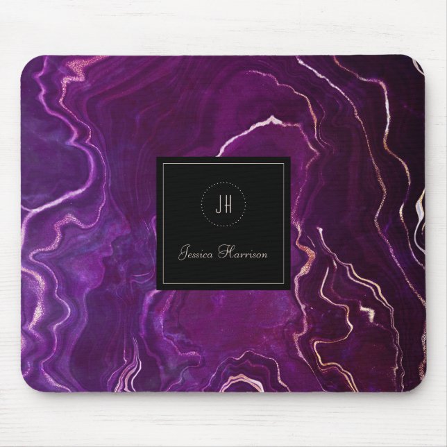 Monogram Geode Dark Purple Black Abstract Agate Mouse Mat (Front)