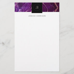 Monogram Geode Dark Purple Black Abstract Agate Stationery