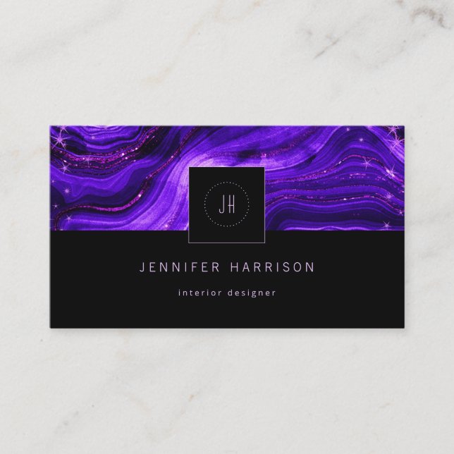 Monogram Geode Purple Black Abstract Modern Business Card (Front)