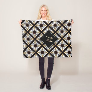 Monogram Geometric Black Blue Yellow Pattern Fleece Blanket