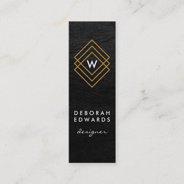 Monogram Geometric Gold Squares Faux Leather Mini Business Card (Front)