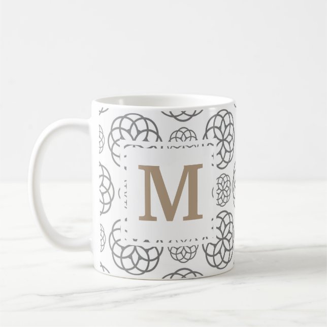 Monogram Geometric Pattern Grey Gold Personalised Coffee Mug (Left)