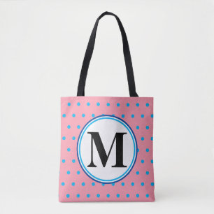 Monogram Geometric Pink Blue Polka Dots Tote Bag