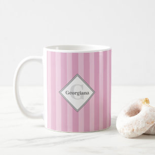 Monogram Geometric Pink & Cherry Blossom Stripes Coffee Mug