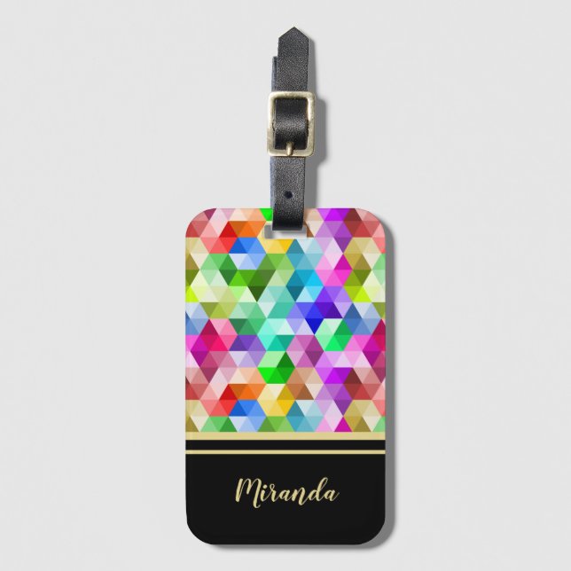 Monogram Geometric Rainbow Black Luggage Tag (Front Vertical)