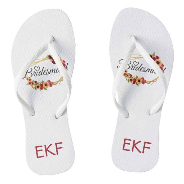Monogram Gift for Bridesmaid Red Yellow Floral  Flip Flops (Footbed)