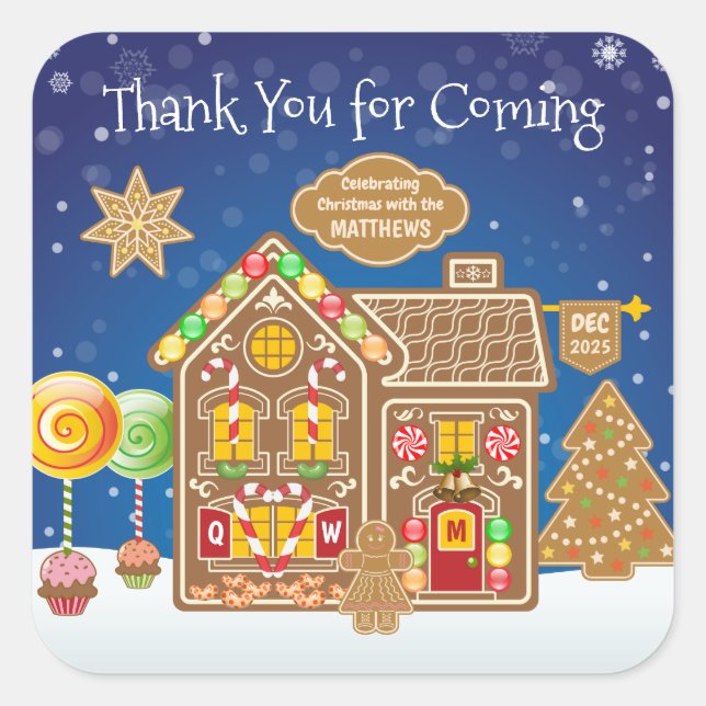 Monogram Gingerbread House Christmas Cookies Candy Square Sticker (Front)