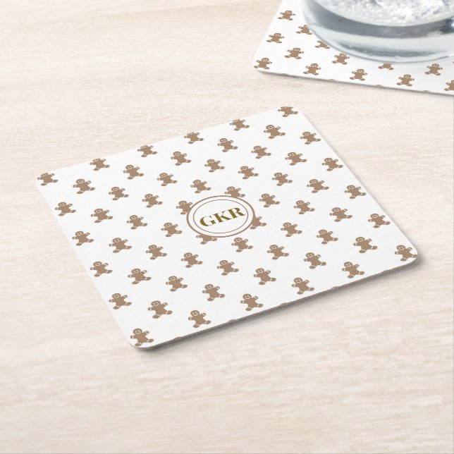 Monogram, Gingerbread Man Pattern Square Paper Coaster (Angled)