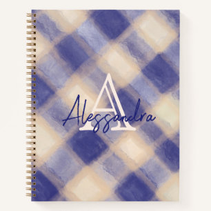 Monogram gingham navy blue cream tartan check name notebook