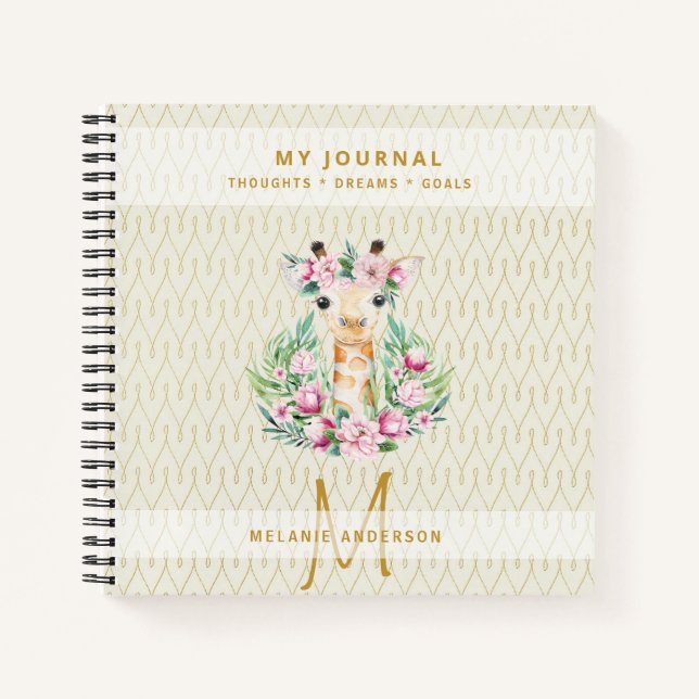 Monogram GIRAFFE Boho Flowers Pretty Girly Modern Notebook (Front)