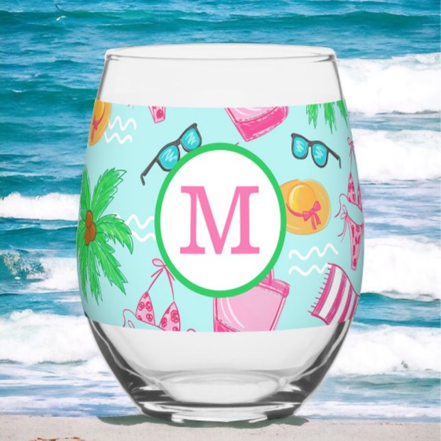 Monogram Girl’s Weekend Favour Bikini Palm Tree  Stemless Wine Glass (Creator Uploaded)