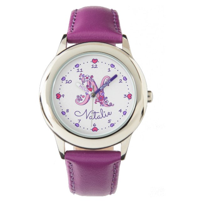 Monogram girls letter N art Natalie name watch (Front)