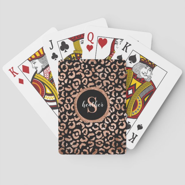 Monogram Girly Black Leopard Animal Print  Playing Cards (Back)