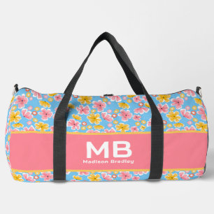Monogram Girly Floral Pink Blue Personalised Name  Duffle Bag