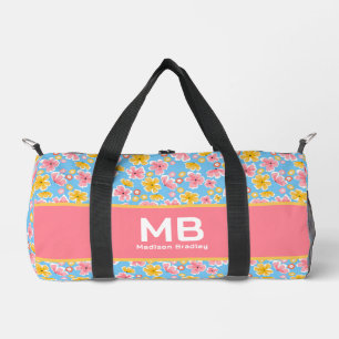 Monogram Girly Floral Pink Blue Personalised Name  Duffle Bag