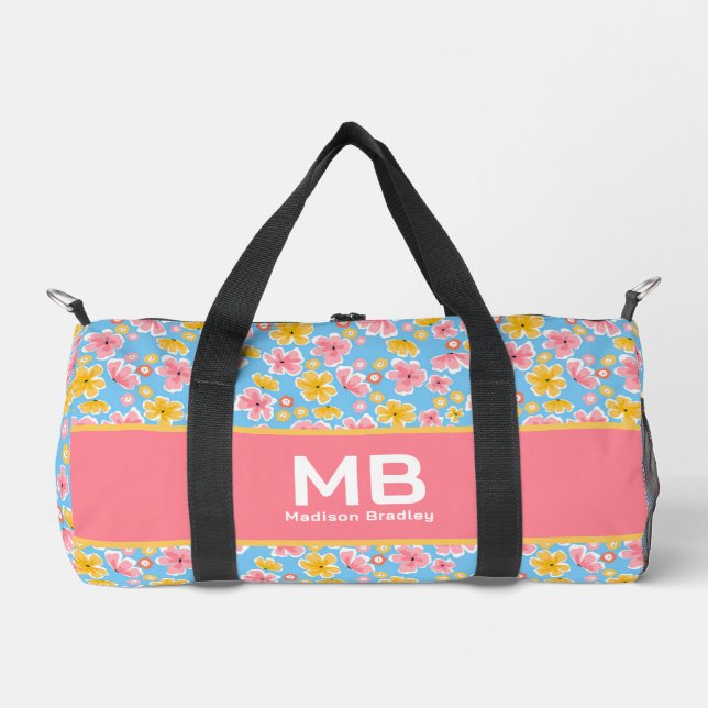 Monogram Girly Floral Pink Blue Personalised Name  Duffle Bag (Front)