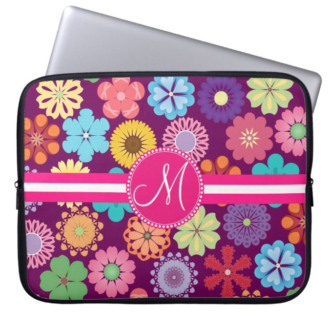 Monogram Girly Flower Power Colourful Floral Patte Laptop Sleeve (Front)