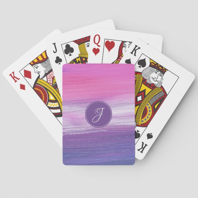 Monogram girly modern abstract pink purple grey playing cards (Back)