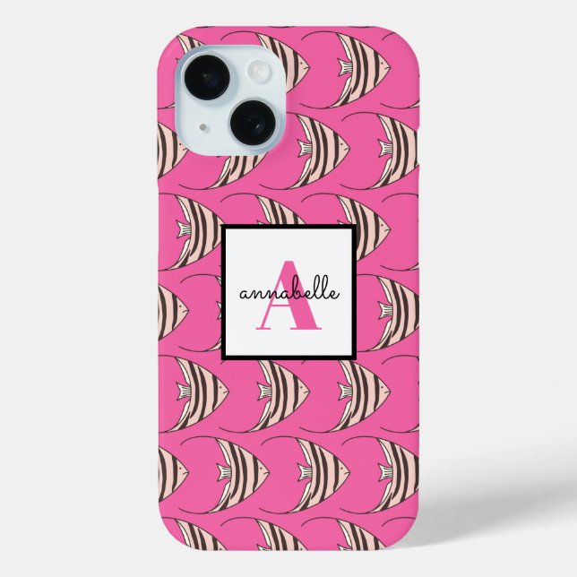 Monogram Girly Pink Fish Pattern Personalised Case-Mate iPhone Case (Back)