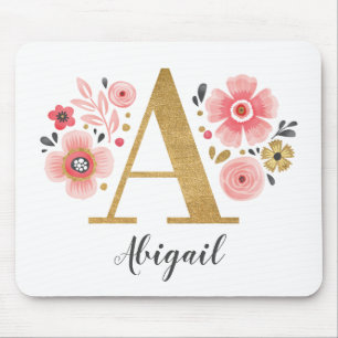 Monogram Girly Pink Floral Mouse Mat